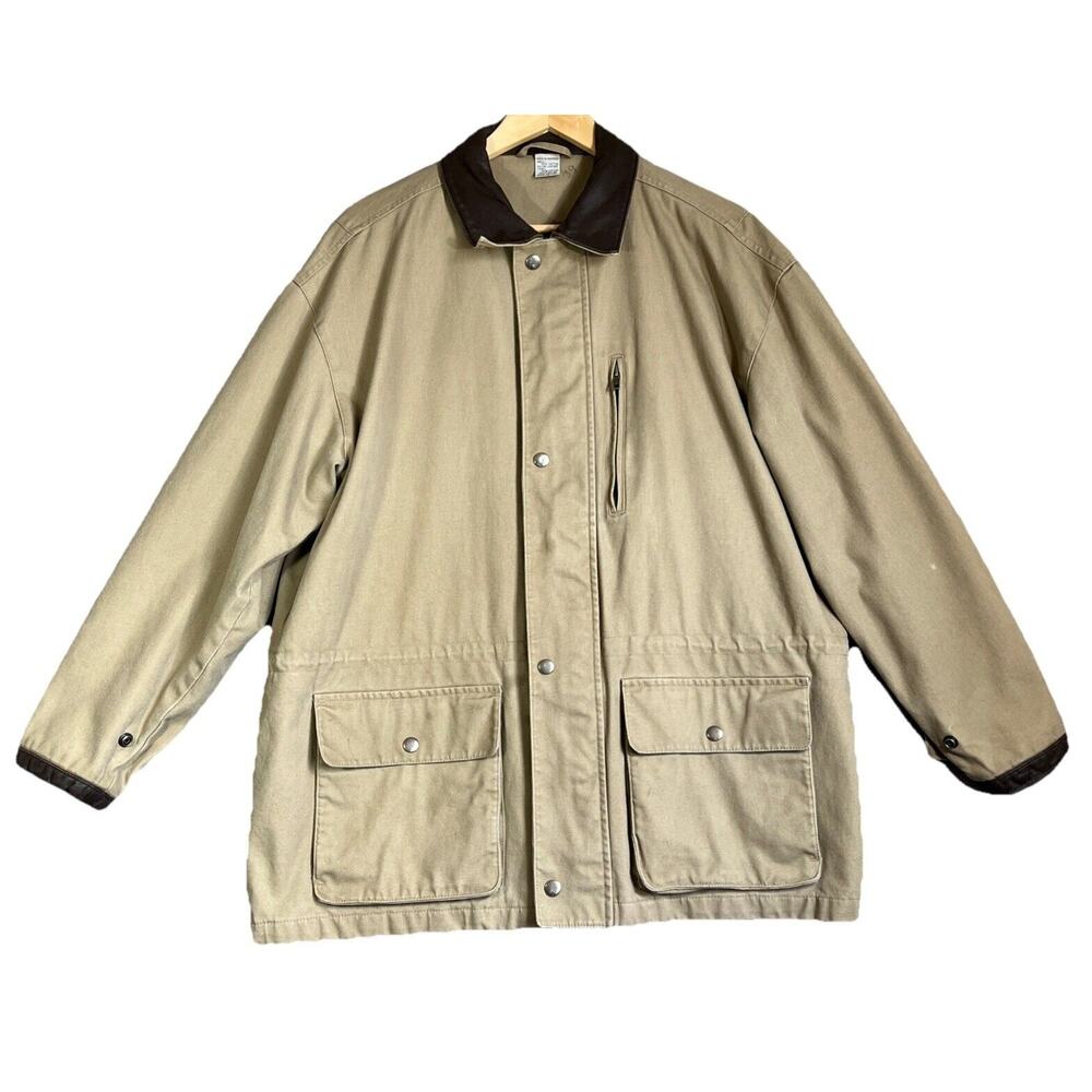 Chore Coat Barn Jacket Mens Medium Tan Lined Leather Collar Cotton Duck Canvas